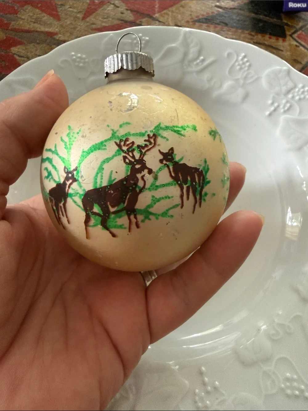 Vintage Glass Holiday Ornament Set with Reindeer Motif - Multi-Color